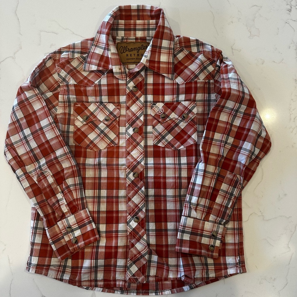 Wrangler Retro Pearl Snap Shirt Burnt Orange and Black Plaid
